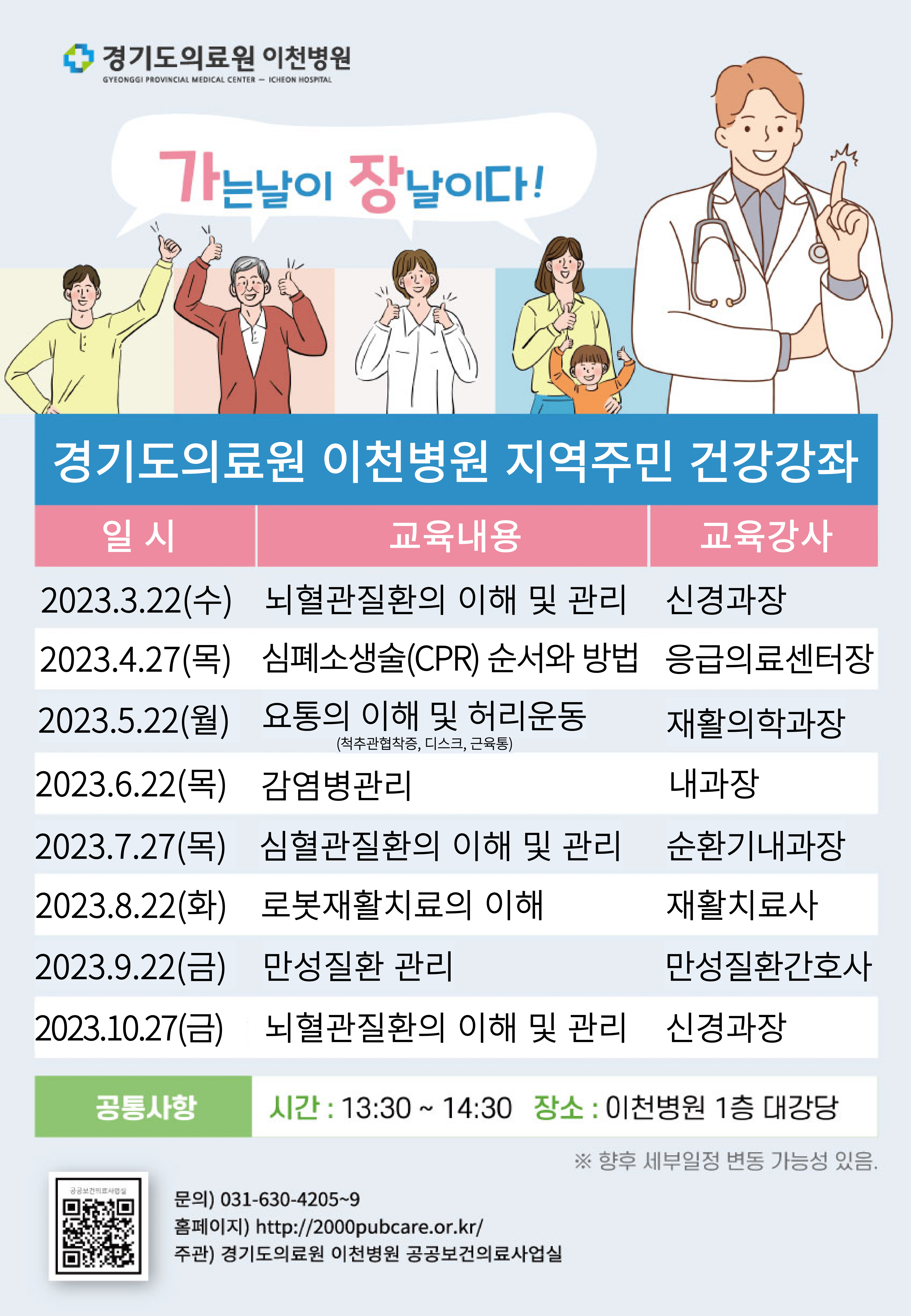 [경기도의료원 이천병원 지역부민 건강강좌] 일시 : 2023.3.22(수) 교육내용 : 뇌혈관질환의 이해 및 관리 교육강사 : 신경과장, 일시 : 2023.4.27(목) 교육내용 : 심폐소생술(CPR) 순서와 방법 교육강사 : 응급의료센터장, 일시 : 2023.5.22(월) 교육내용 : 뇌졸중 재활치료의 이해 교육강사 : 재활의학과장, 일시 : 2023.6.22(목) 교육내용 : 감염병관리 교육강사 : 내과장, 일시 : 2023.7.27(목) 교육내용 : 심혈관질환의 이해 및 관리 교육강사 : 순환기내과장, 일시 : 2023.8.22(화) 교육내용 : 로봇재활치료의 이해 교육강사 : 재활치료사, 일시 : 2023.9.22(금) 교육내용 : 민성질환관리 교육강사 : 만성질환간호사, 일시 : 2023.10.27(금) 교육내용 : 뇌혈관질환의 이해 및 관리 교육강사 : 신경과장 공통사항 - 시간:13:30~14:30, 장소:이천병원 1층 대강당, * 향후 세부일정 변동 가능성 있음. 문의 031-630-4205~9 홈페이지 http://2000pubcare.or.kr/ 주관 경기도의료원 이천병원 공공보건의료사업실